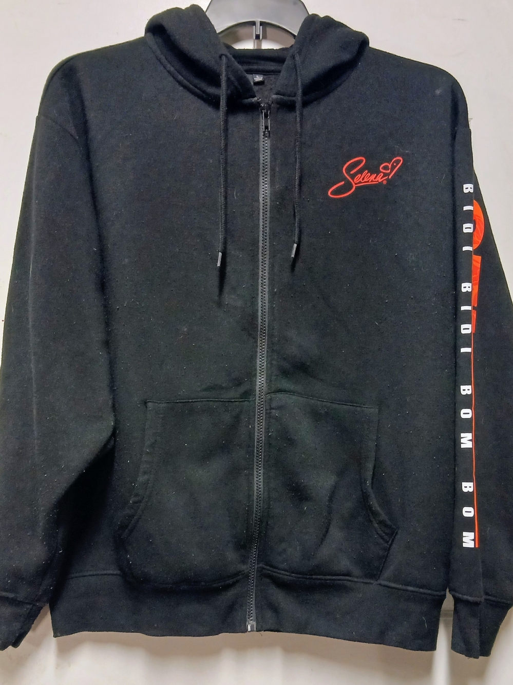 Black Zip Front Hoodie with Red Script Emblem